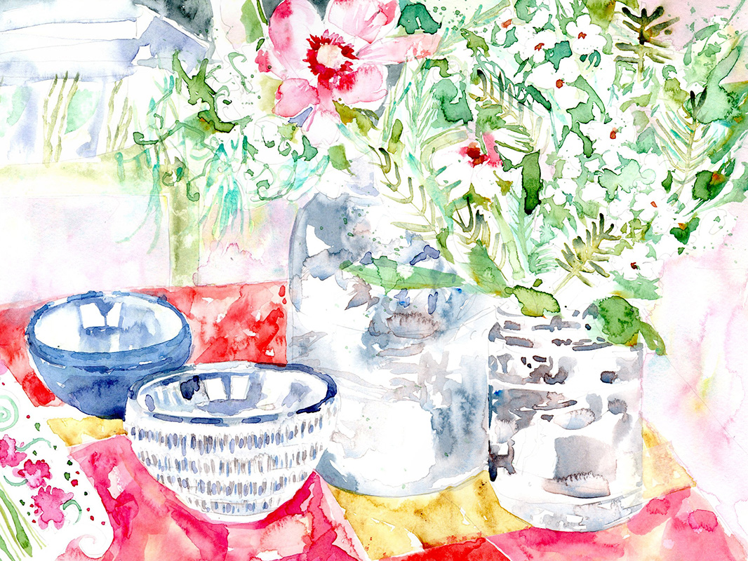 Watercolour painting of a still life with a red tablecloth