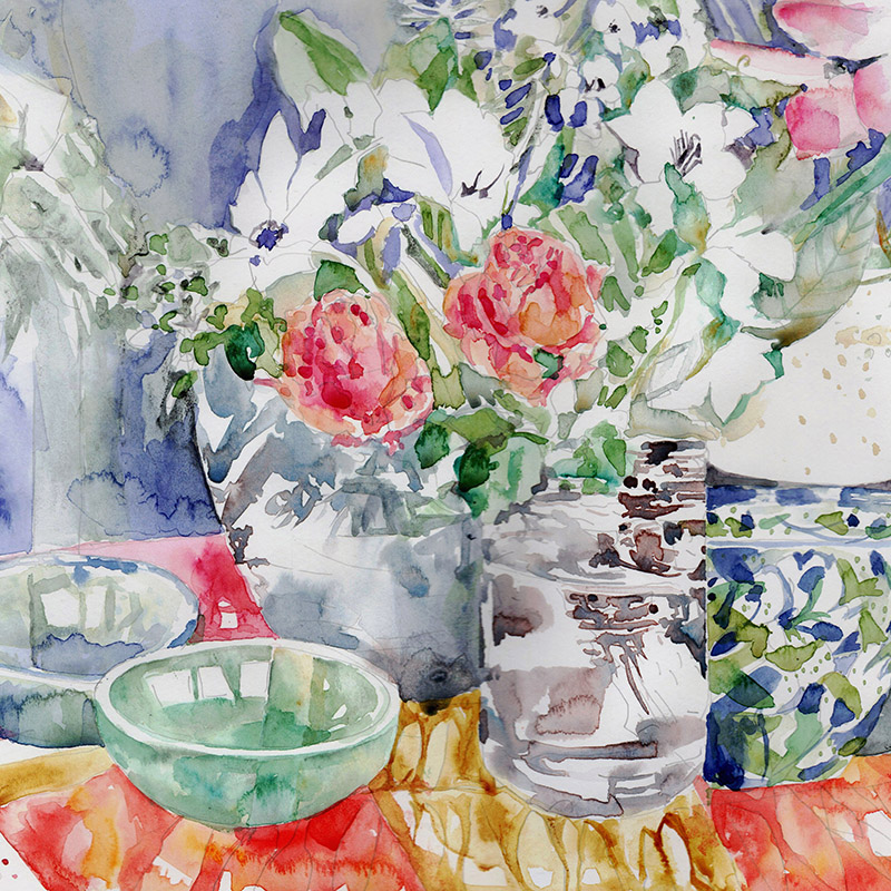 Watercolour painting of a still life with roses