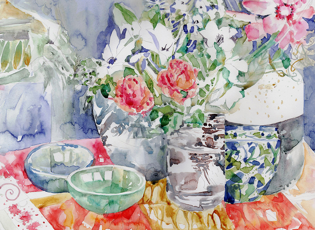 Watercolour painting of a still life with roses