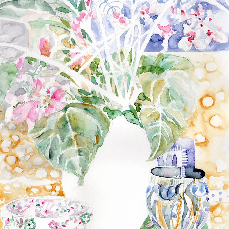 Watercolour painting of a still life with a yellow tablecloth