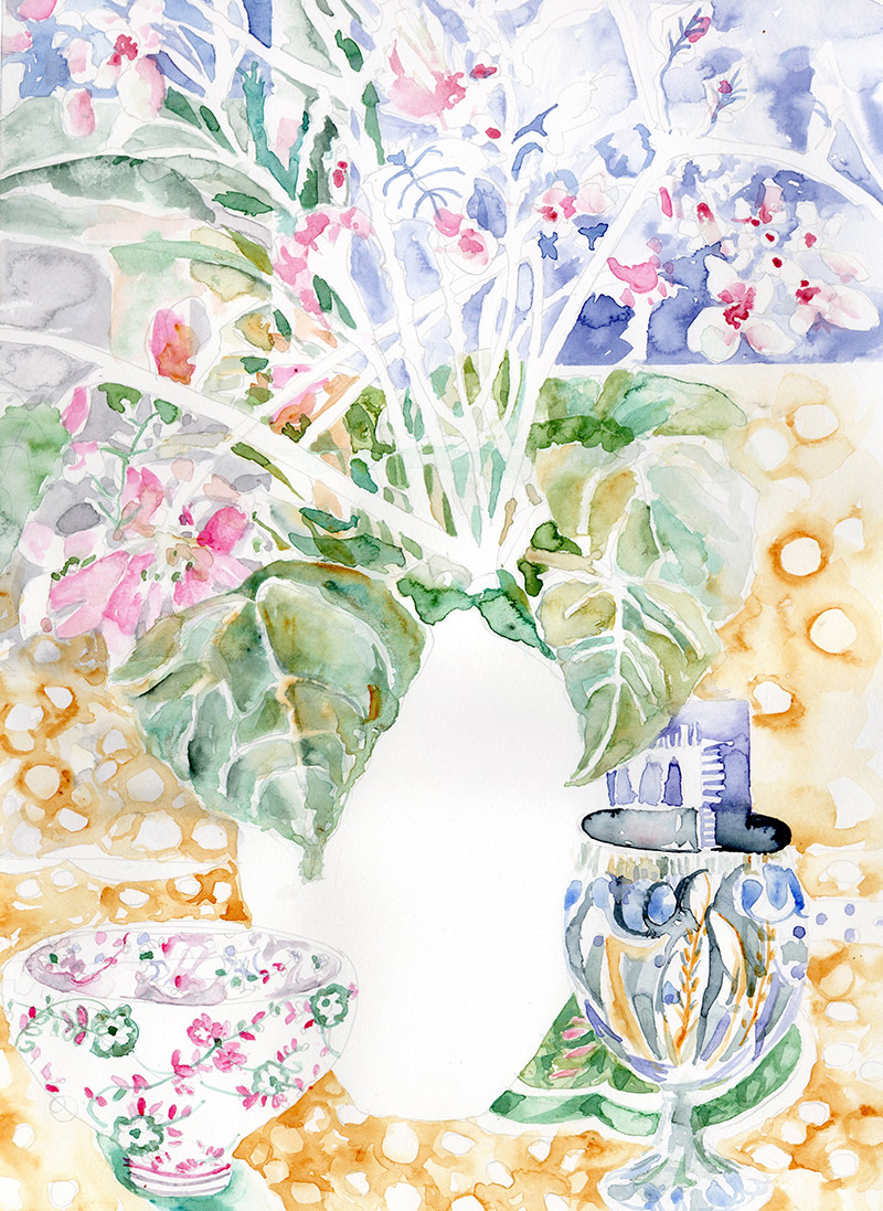 Watercolour painting of a still life with a yellow tablecloth